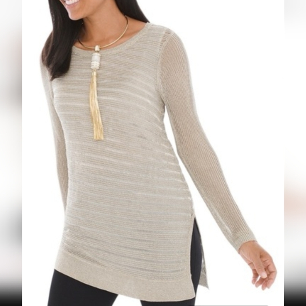 CHICO'S Women's Sweater Metallic Chain Mail Asymmetrical Amelie Gold Size L Nwot